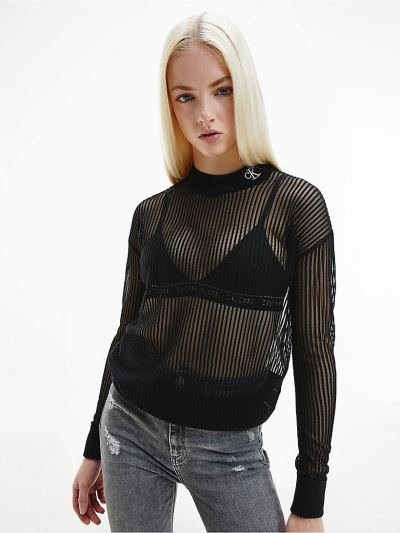 Calvin Klein Ruhák HU390750 | Calvin Klein Cotton Blend Open Knit Női Pulóver Fekete